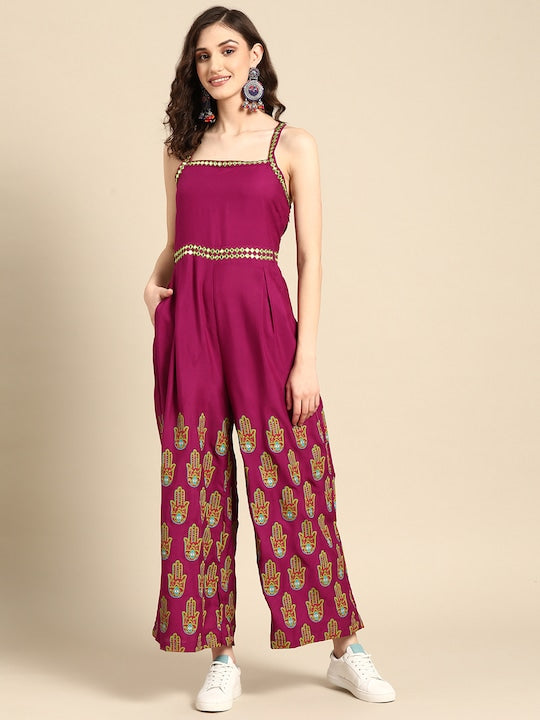 Pink Printed Basic Jumpsuit with Embellished