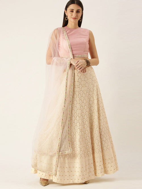 Pink Off-White Embroidered Ready to Wear Lehenga Blouse With Dupatta