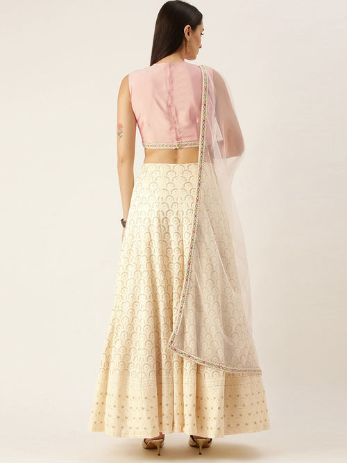 Pink Off-White Embroidered Ready to Wear Lehenga Blouse With Dupatta